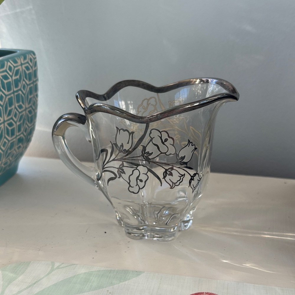 Elegant Glass Cream Pitcher with Floral Design